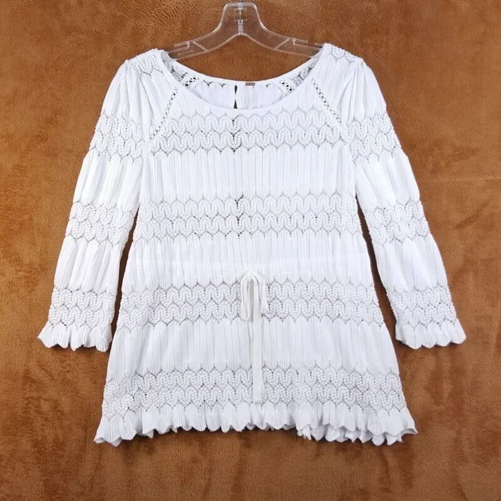 FREE PEOPLE Womens Top Small White Pullover Peplum Sheer Stretch FIRE ISLAND